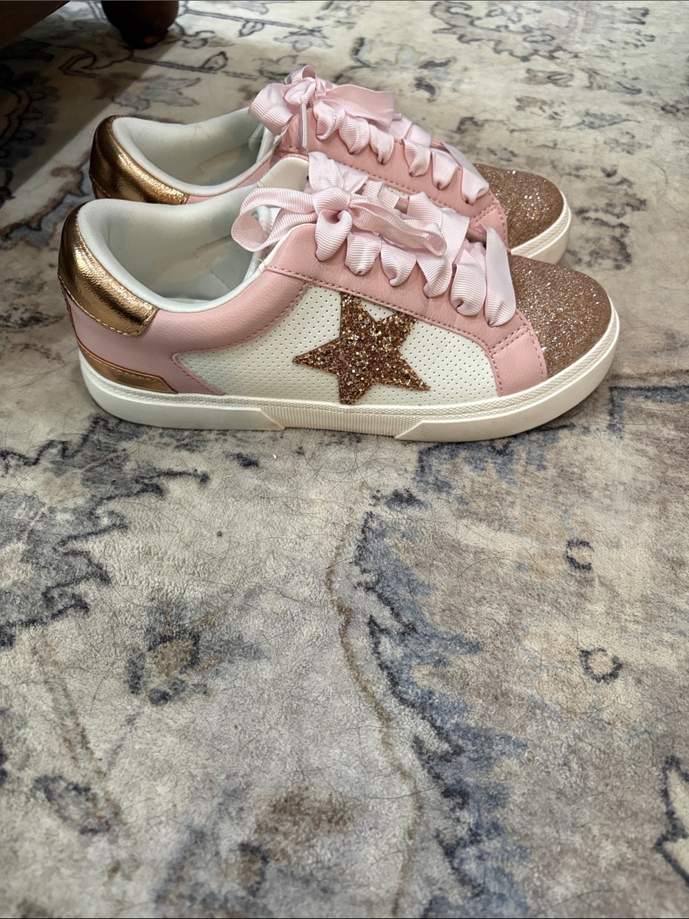 Kids Pink & Rose Gold Glitter Star Sneakers